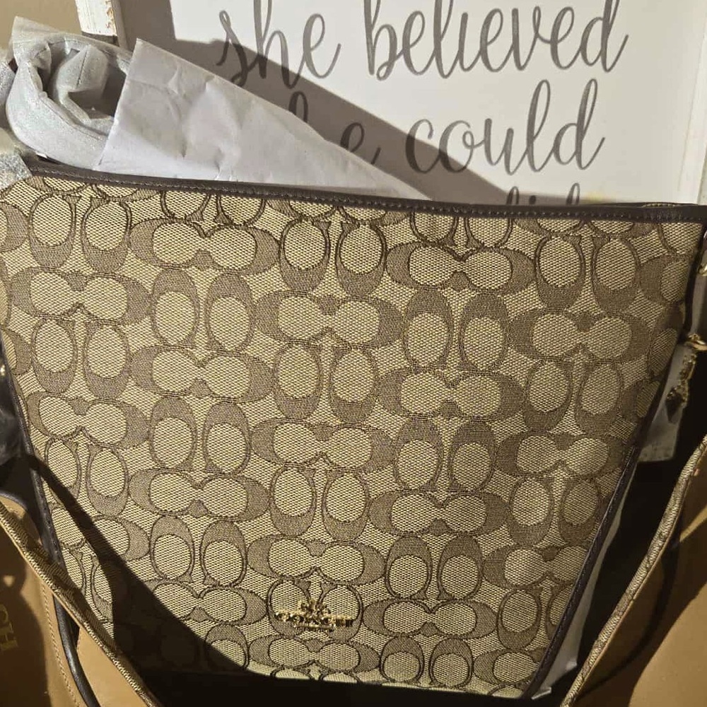 Coach Beige and Brown Signature Shoulder Bag